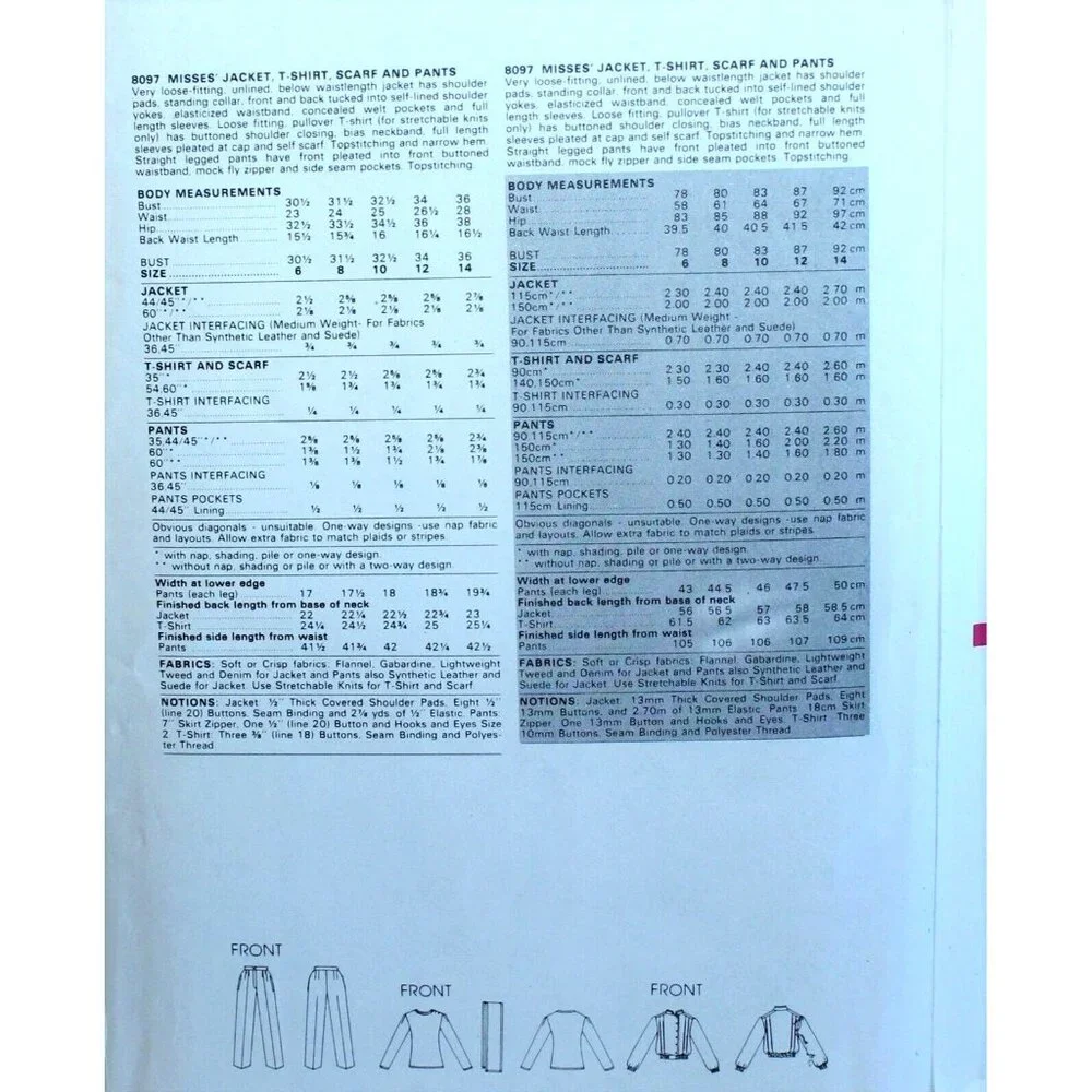 Vogue 8097 Sewing Pattern Jacket T Shirt‎ Scarf Pants Size 8 Vintage